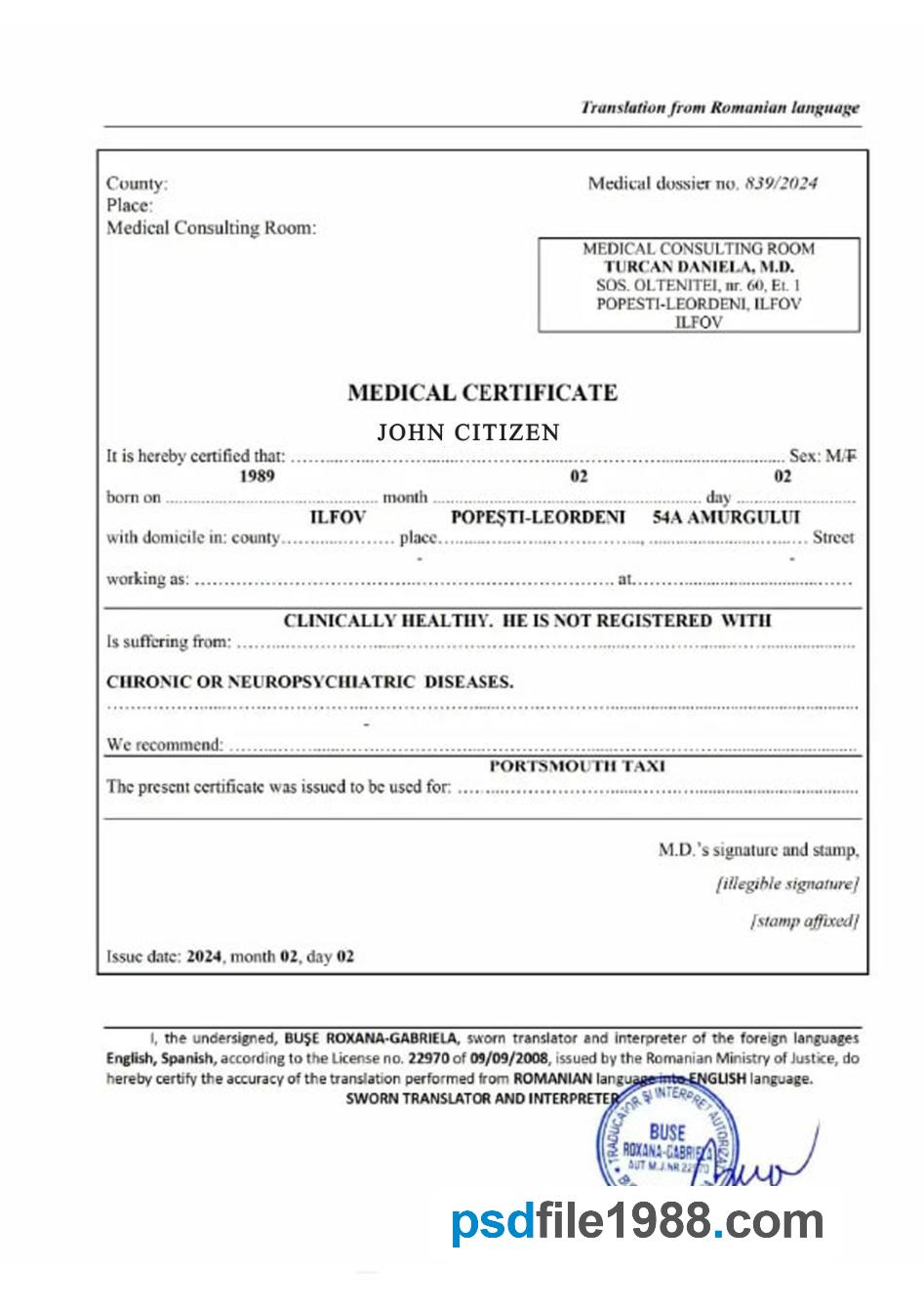 Romania Medical Certificate